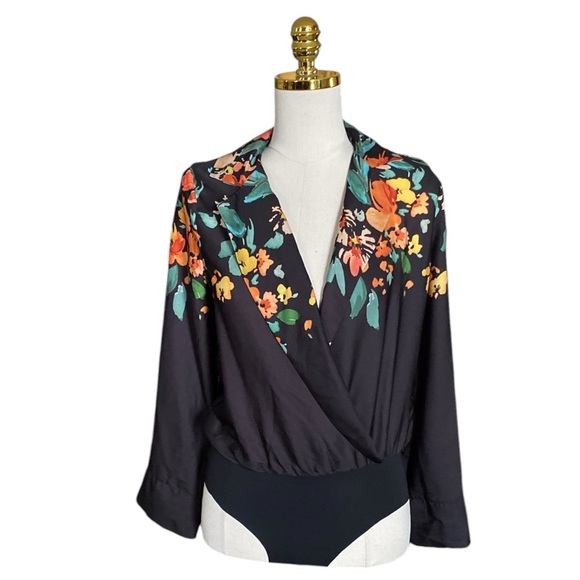 ZARA BLACK FLORAL PRINT BODYSUIT WITH LAPEL COLLAR  SATIN BLOUSE WOMENS SIZE S - Picture 5 of 12